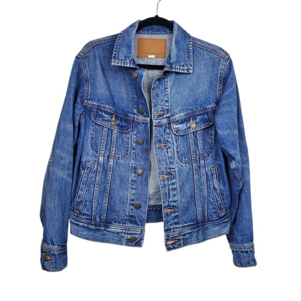 American Eagle Outfitters Womens Blue Distressed Denim Jean Jacket Size XS